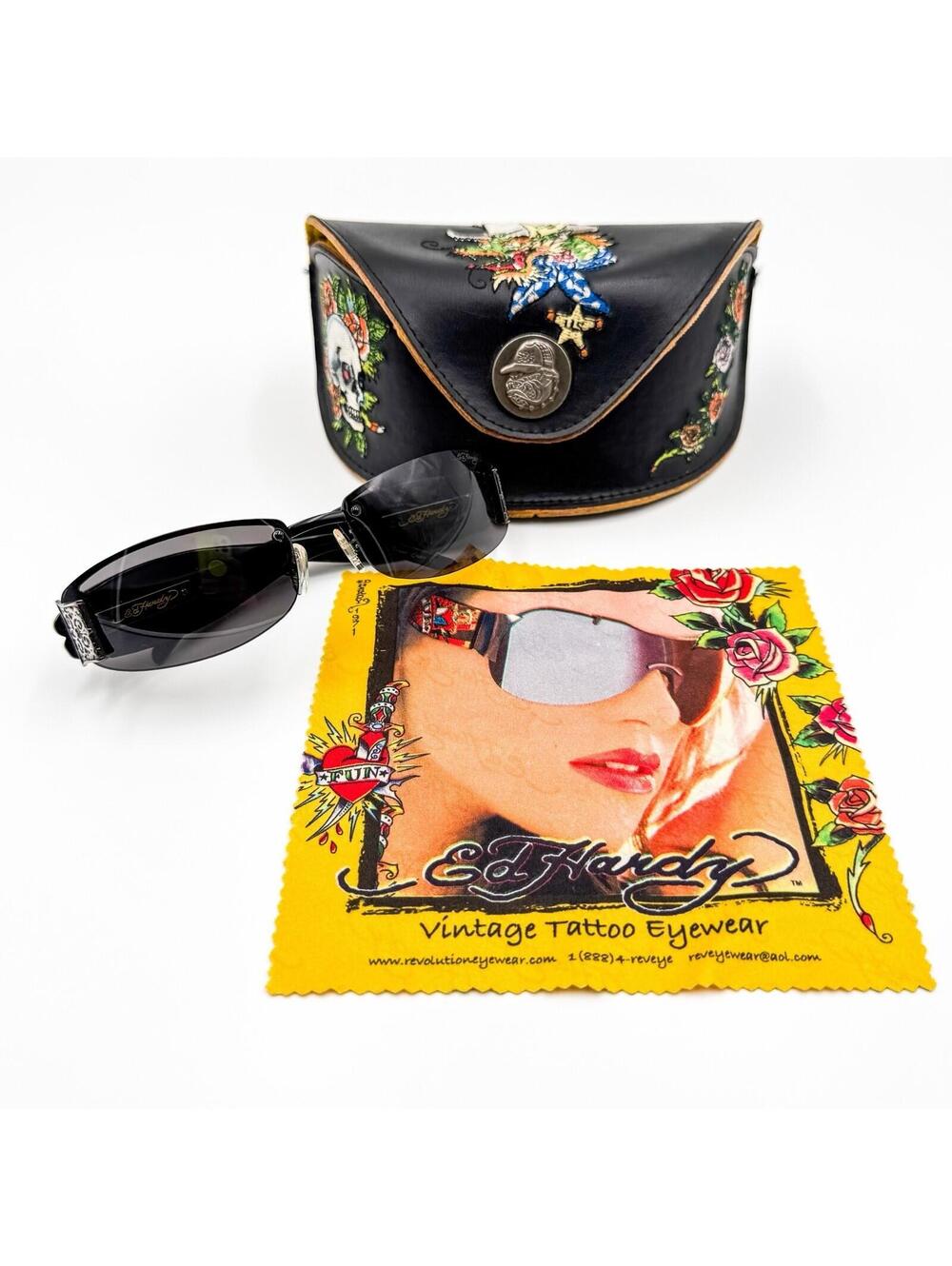 Vintage Ed Hardy Sunglasses Skull Rose Butterfly Tattoo Vintage Y2K With Case
